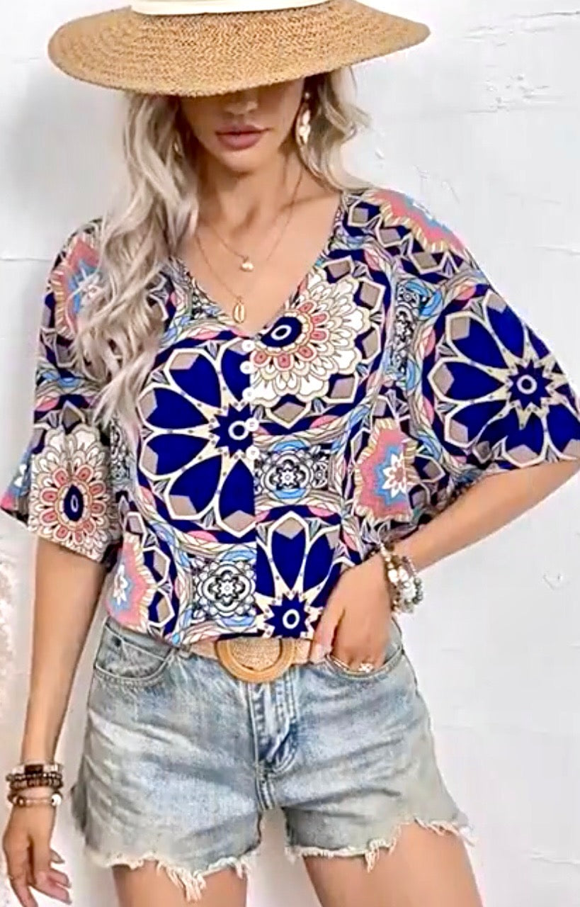 Bat-Sleeve Printed Top