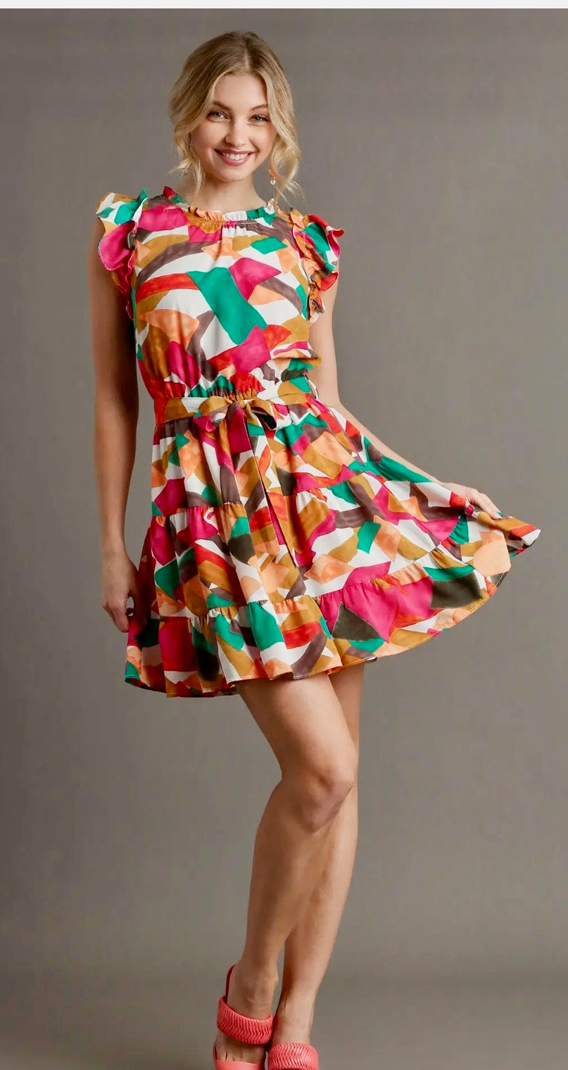 Abstract Print Tiered Dress