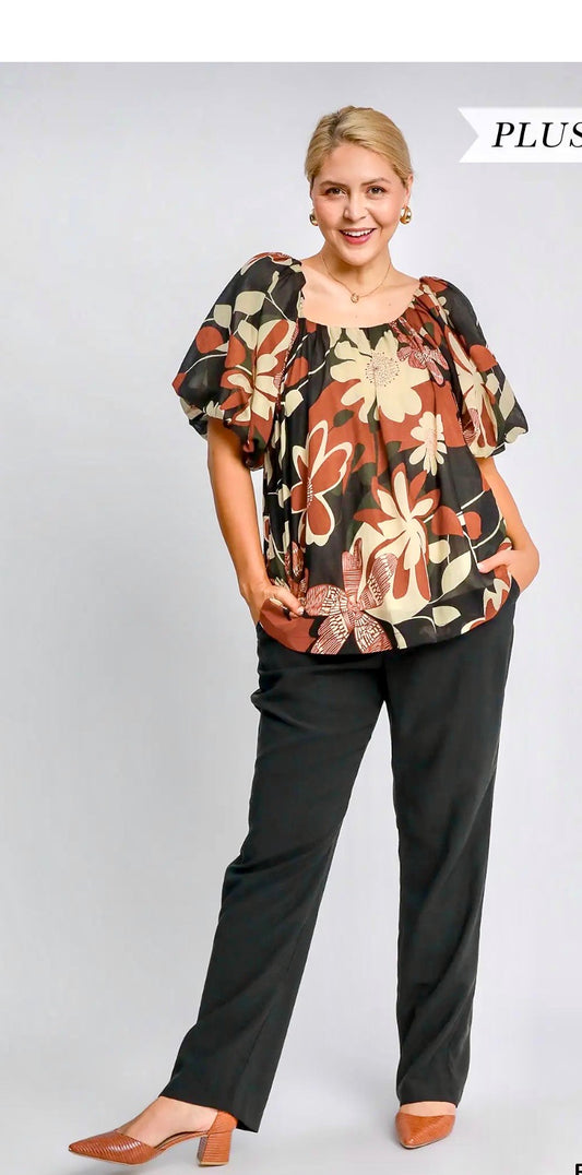 Umgee Round Neck Print Top (plus size)