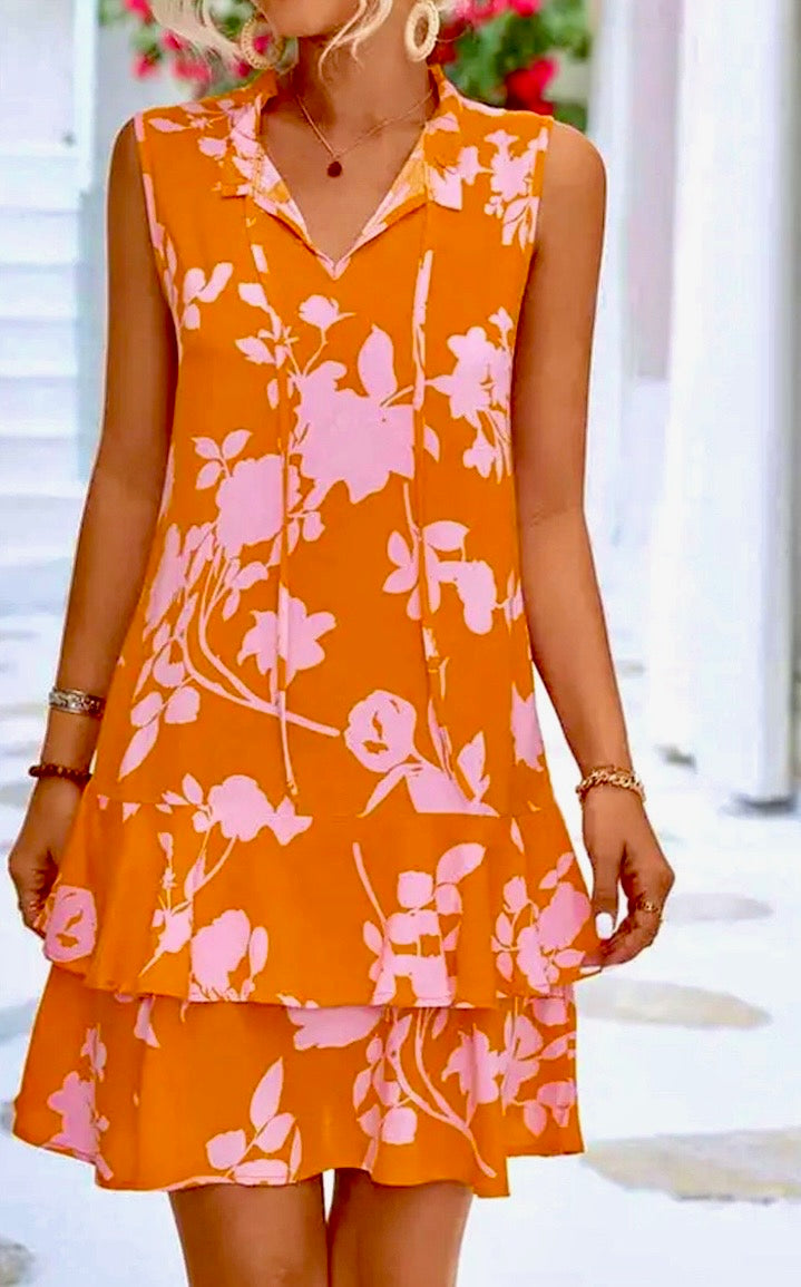 Nature-Pattern Tied Neck Short Ruffled Dress
