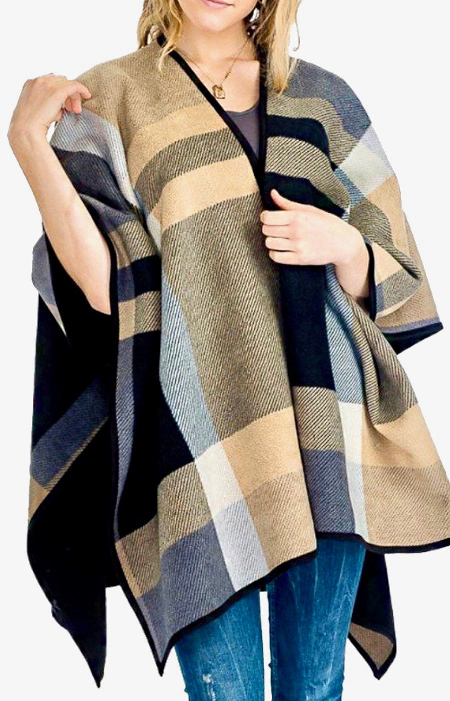 Plaid Faux Cashmere Poncho