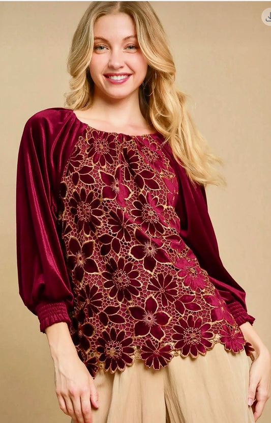 Missy Top - Umgee Floral Lace Velvet Top