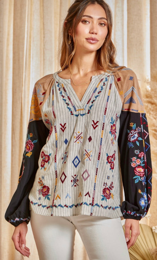 Savanna Jane Charcoal Embroidery Top