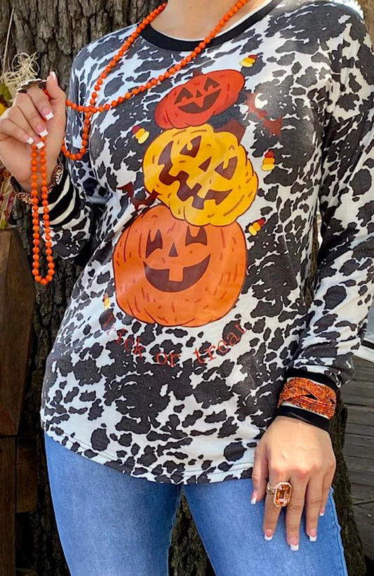 Southern Stitch Stacked Pumpkins in Cow Print Top