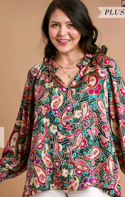 Umgee Teal Green Paisley Top (Plus Size)