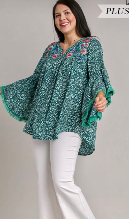 Umgee Hunter Green Embroidered Bell Sleeve (Plus Size)