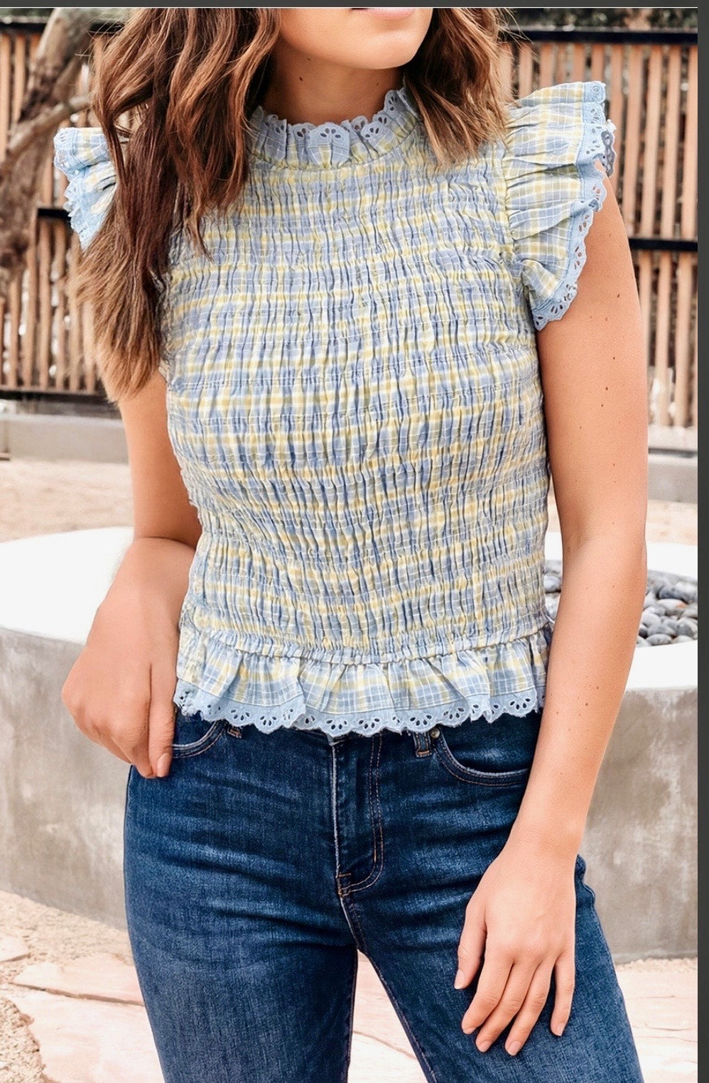 Missy Top - Gingham Lace Trim Tank Top