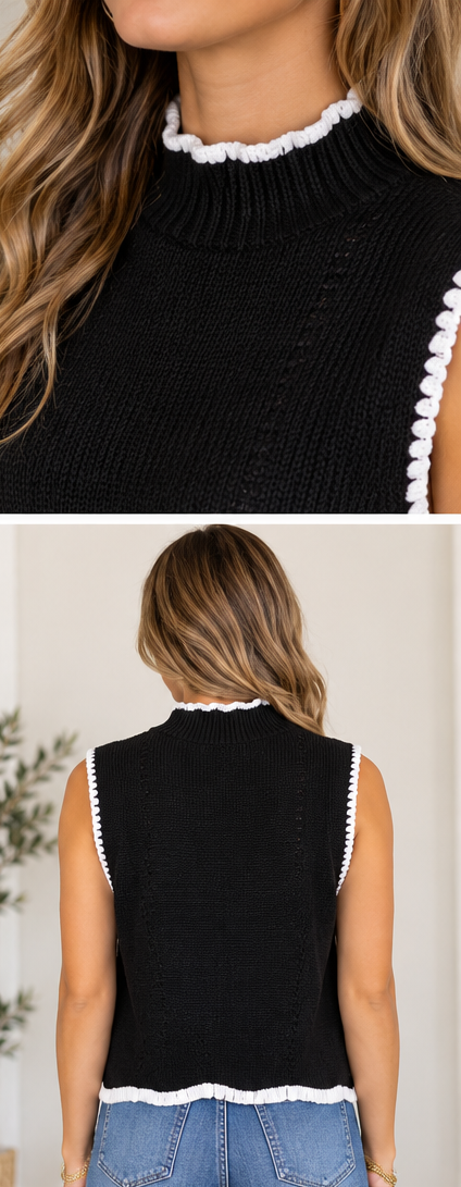 Missy Top - Black Scalloped Trim Sweater